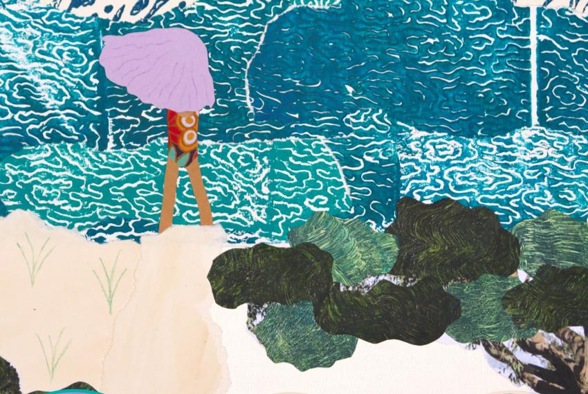 a mixed media artwork depicting a storm with  person walking 