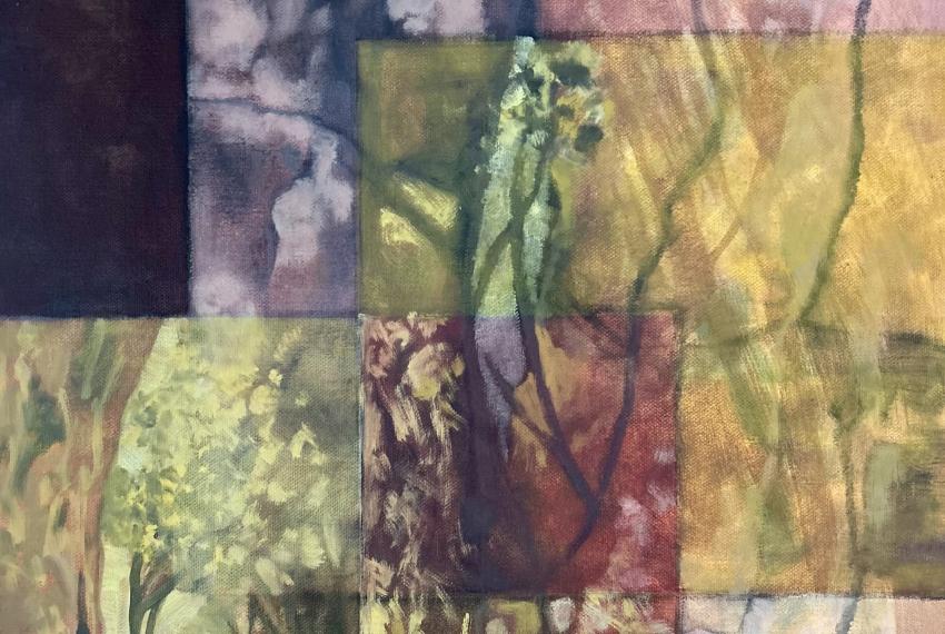 an artwork featuring trees in a mosaic form with arm and cold hues