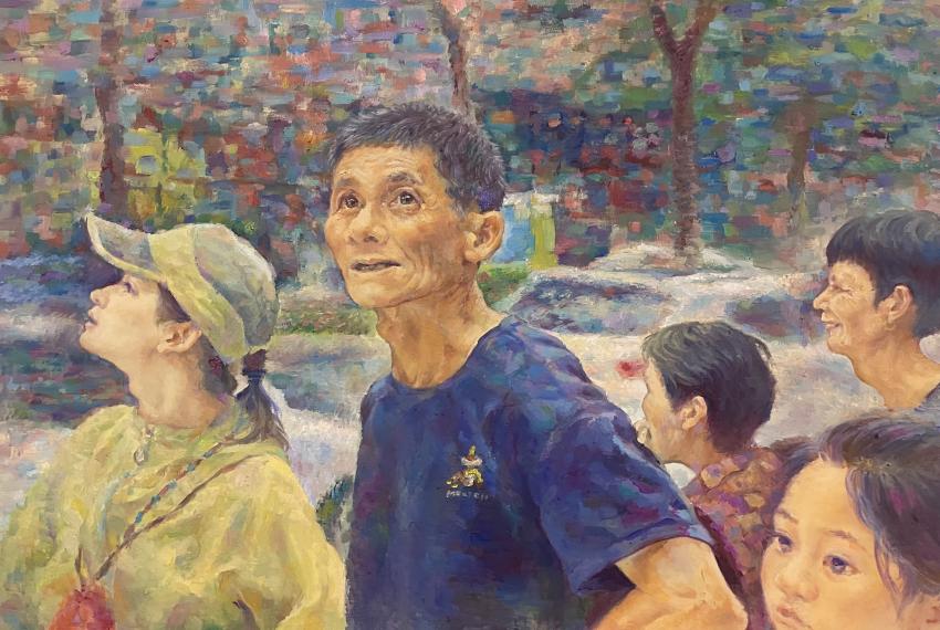 A group of five people looking upward in a colourful, textured painting.
