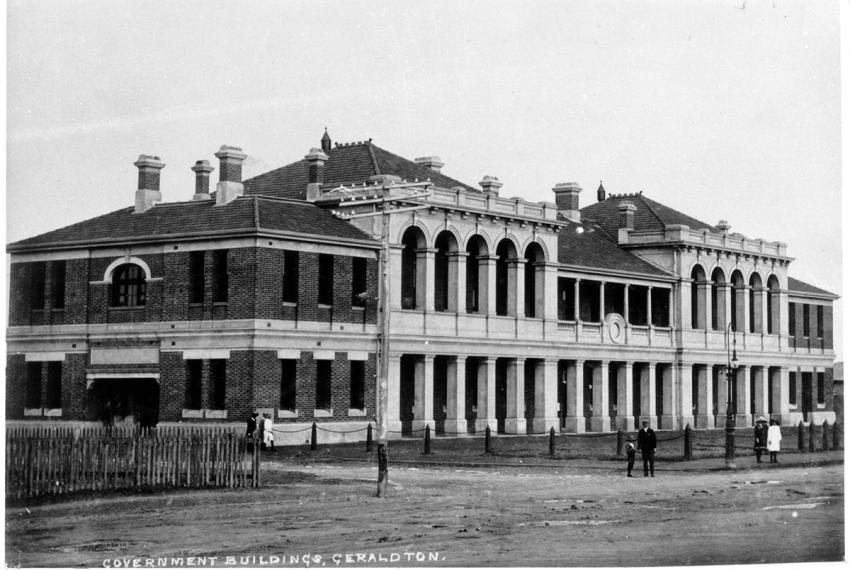 Black and white photo of a large building