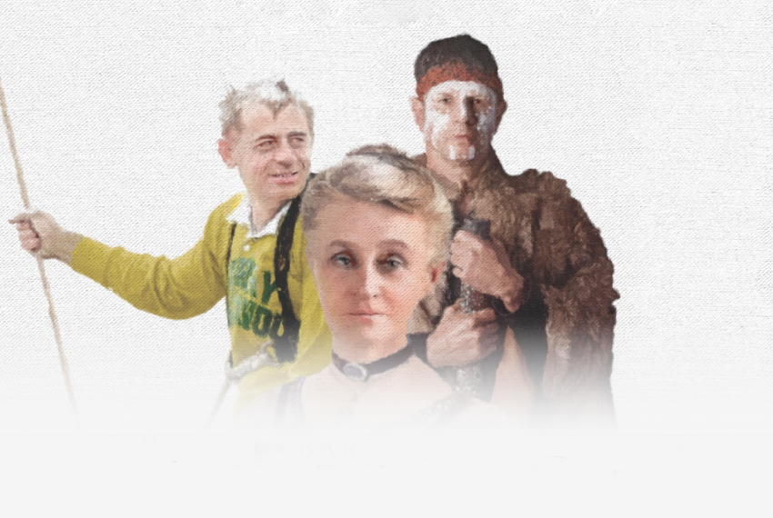 Three people in period and cultural attire against a white textured background.