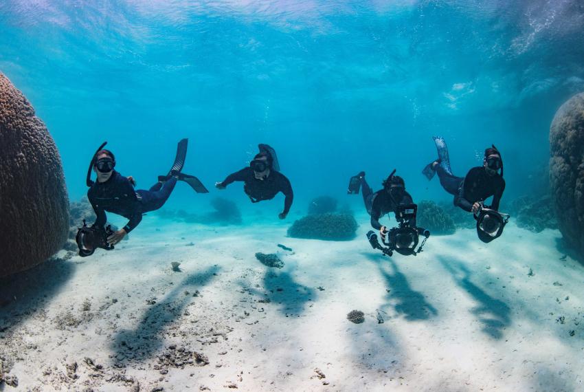 Four people in scuba diving equipment swimming towards the camera under water.