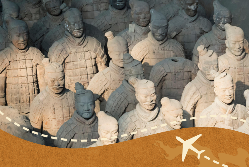 Rows of terracotta warriors in an excavation pit