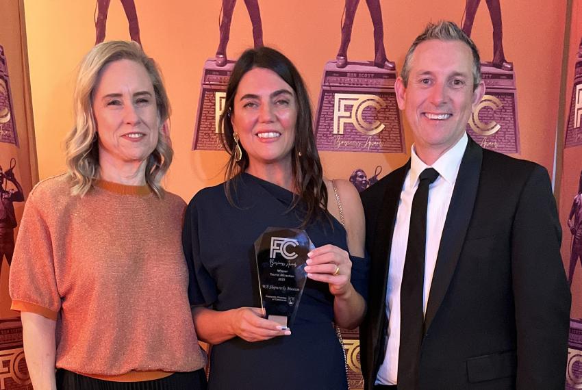 Hon Simone McGurk MLA, Manager of Fremantle Museums Gill Harrison and Director Engagement Jason Fair with the award.