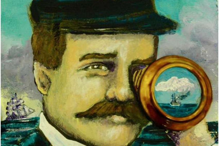 painting of a handsome man with a mustache and cap, holding a telescope, looking out to sea.  