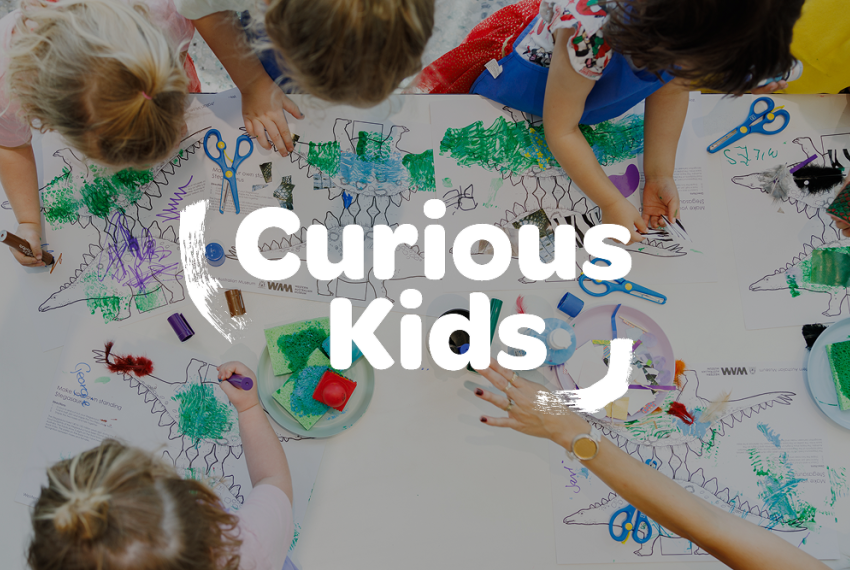 Children doing arts and crafts with text that reads 'Curious Kids' overlaying the image.