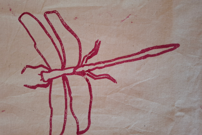 Red line drawing of a dragonfly on a beige textured fabric background.