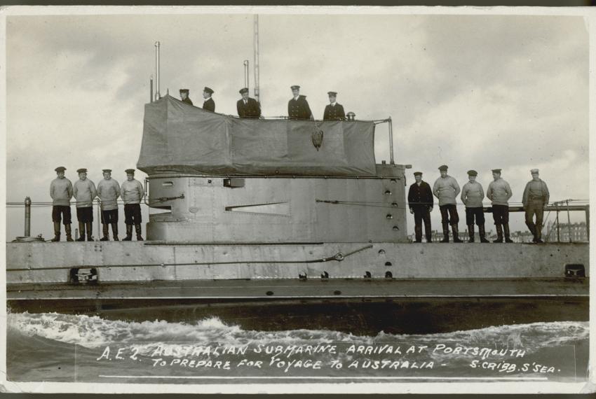 Australian submarine AE2 with crew on deck at Portsmouth, 1914. ANMM Collection gift from Mrs D Smyth.