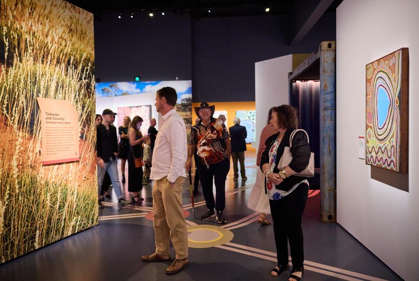 People in gallery enjoying the Spinifex exhibition.