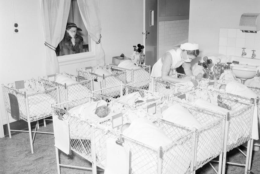 A crèche in a large metropolitan hospital with babies laying in small cots, 1954.