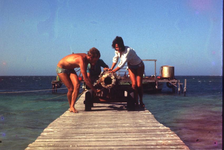 Two men rolling a cannon down a long wooden pier