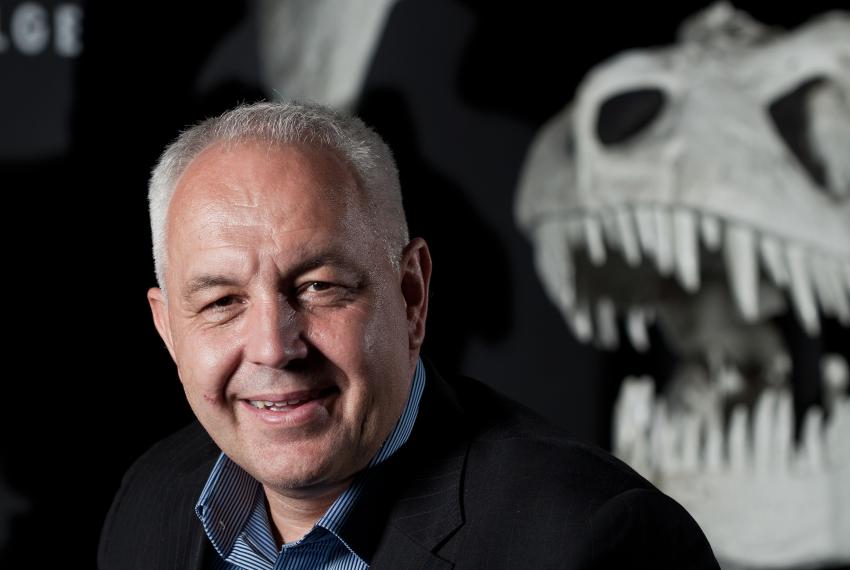Western Australian Museum chief executive officer Alec Coles near a dinosaur display