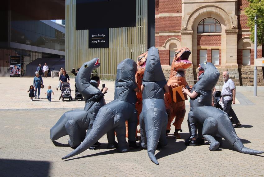 A group of inflatable dinosaurs outside Boola Bardip