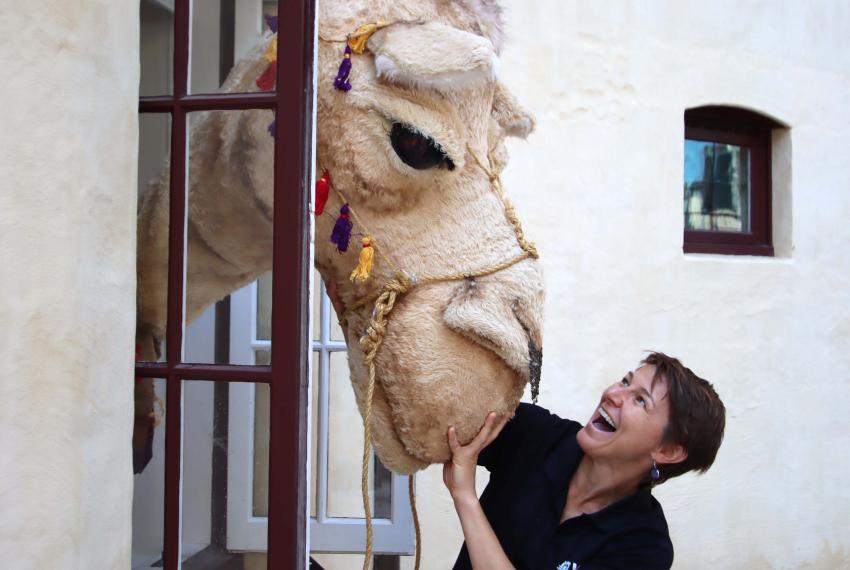 Ange Leech, Project Officer Regions, Western Australian Museum with Naqa, a camel puppet built by Karen Hethey at the WA Museum