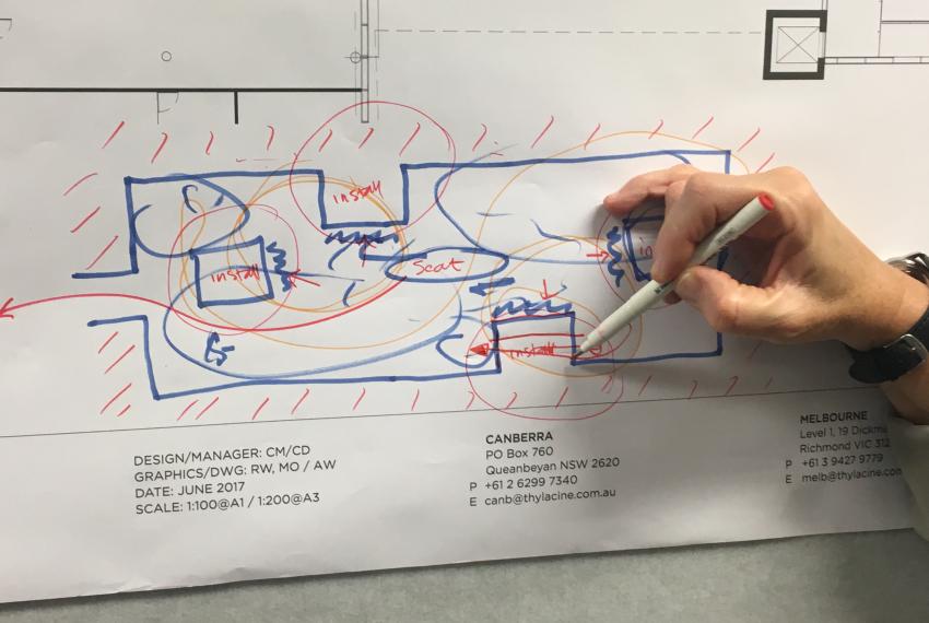 Hand sketches on rough drawing of exhibition floor plan