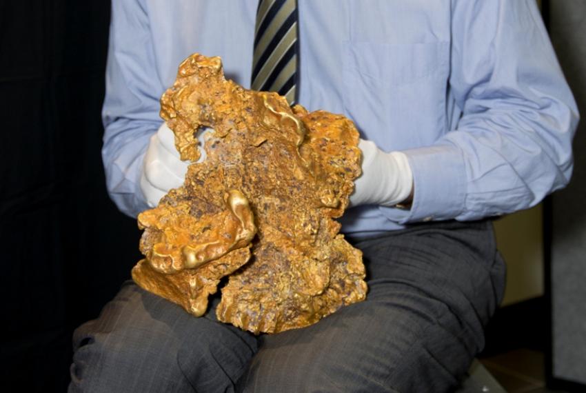 John Day holding a giant gold nugget
