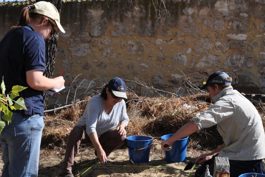 A group of people excavating an archaeological site