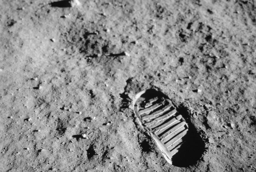 A boot print on the surface of the Moon.
