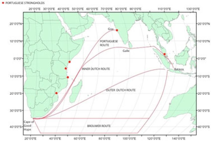 A map depicting shipping routes through the Indian Ocean in 16th and 17th century