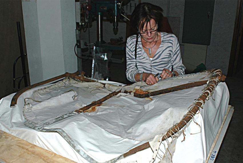 Ulli Broeze-Hoernemann working on the tail section of Mawson’s air tractor