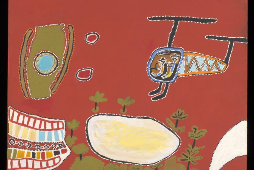 Helicopter Ride with Brooksy to See My Father’s Ngurra (Country) 2011 by Ken Shepherd acrylic on canvas © Ken Shepherd