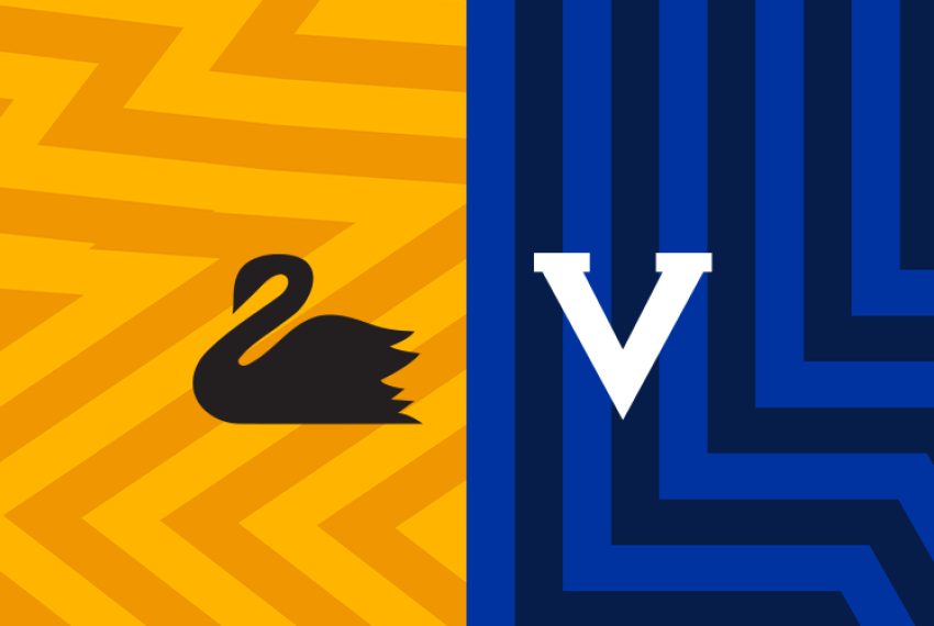 A black swan graphic is layered upon a stripy yellow background on the left, and a white V graphic is layered upon a stripy blue background to the right