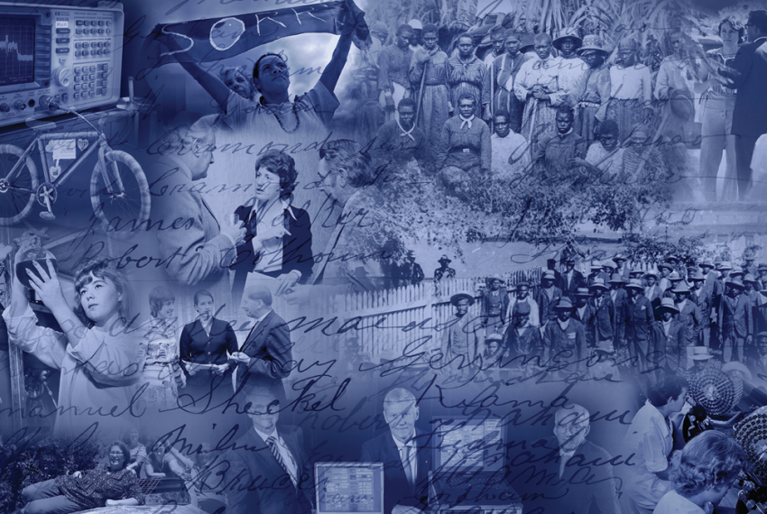 a collage of imagery of people, objects and writing overlay on top