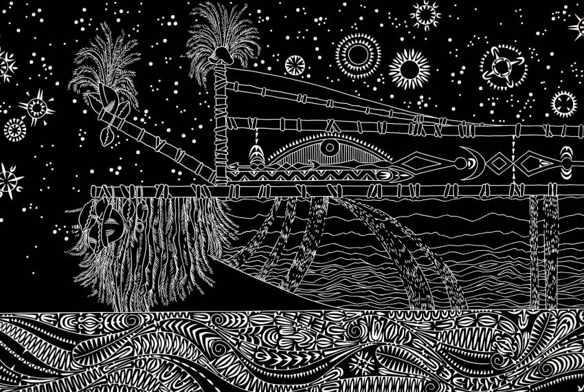 Black-and-white illustrated artwork symbolising connections between culture, history, sea country, and navigation.