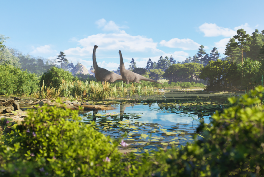 Lush green landscape with dinosaurs in the distance