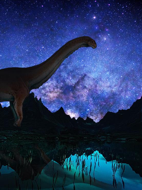 An illustration of a dinosaur walking in a starlit mountainous landscape