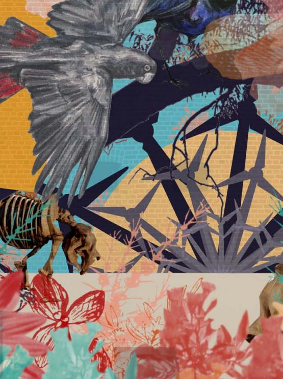 Stylised birds, animal skeletons and wind turbines against a yellow floral background