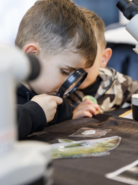 young boy using a magnifying glass next to a microscope