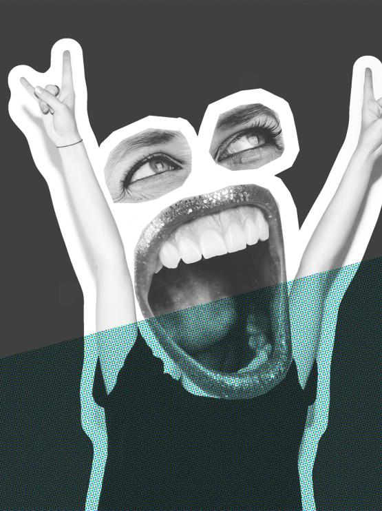 Graphic of large cut out eyes and month yelling positioned above a body with hands in the air