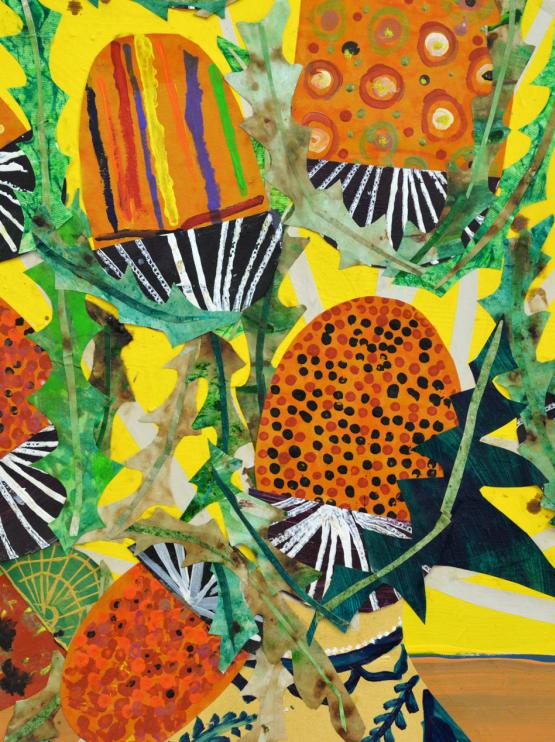 a brightly coloured artwork yellows oranges and green depict native wattle arrangement