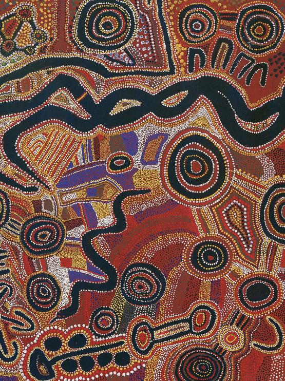 An intricately coloured Aboriginal painting featuring vivid red purple yellow and white dots surrounding symbolic black drawings of lines concentric circles and snake-like creatures