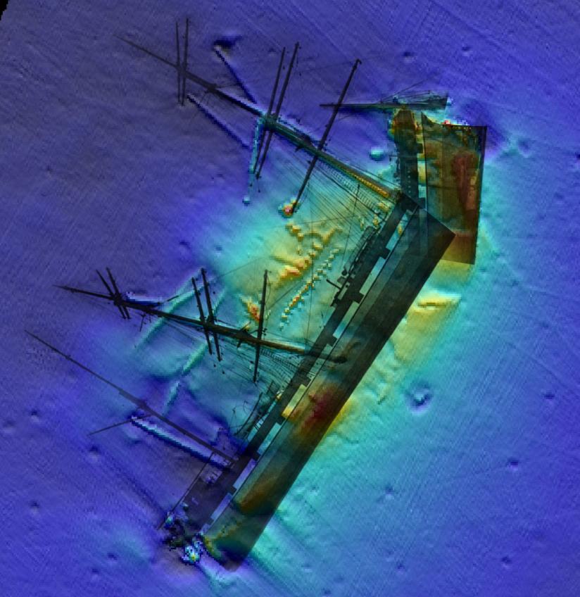 Wreck site with ship overlayed showing the bow resting at about 45 degrees to the rest of the ship.