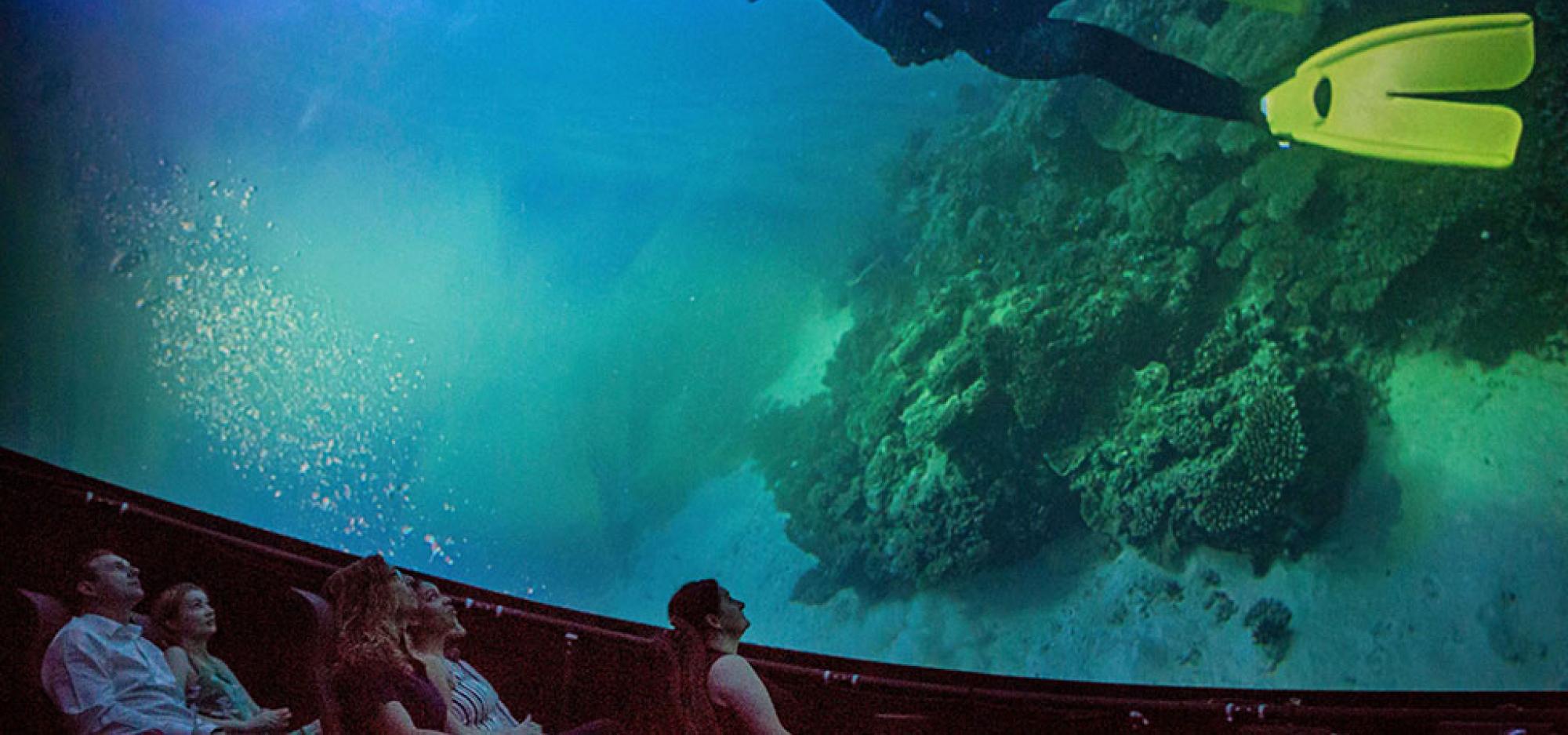 People watch a film of a scuba diver in a dome cinema