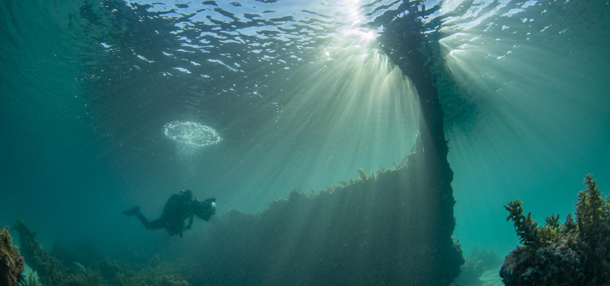 An underwater photograph of a diver swimming towards a shipwreck