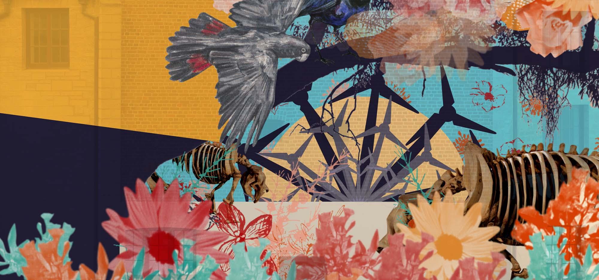 Stylised birds, animal skeletons and wind turbines against a yellow floral background