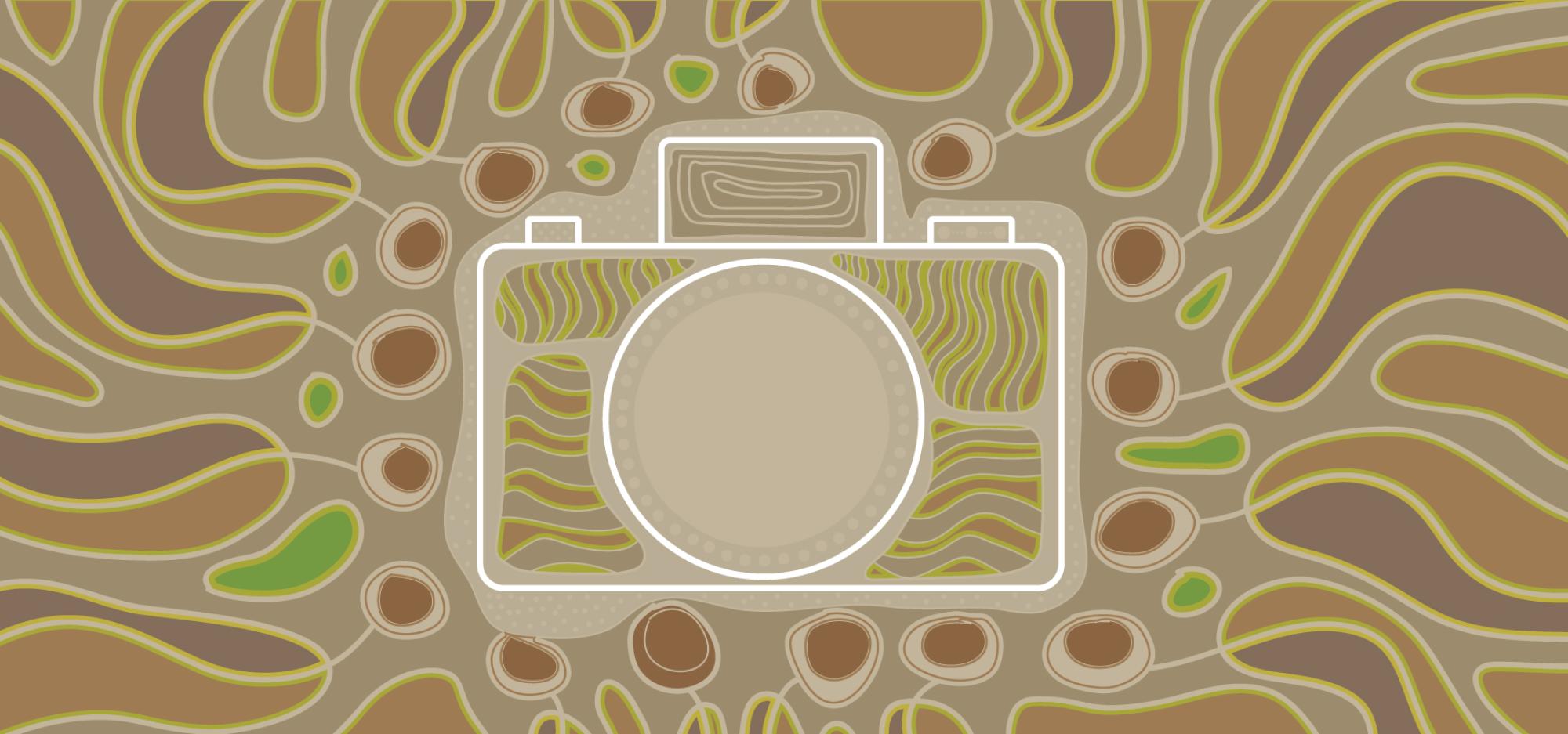 A stylised artwork with a line-drawing image of a camera in the centre