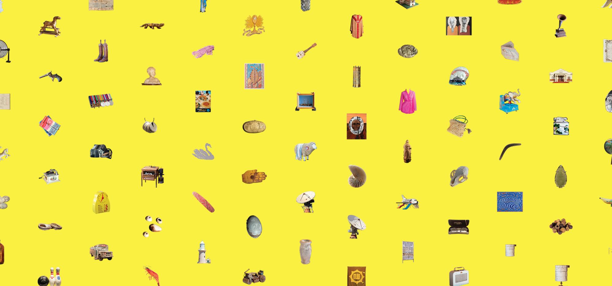 Collections objects from different museums arranged on a bright yellow background