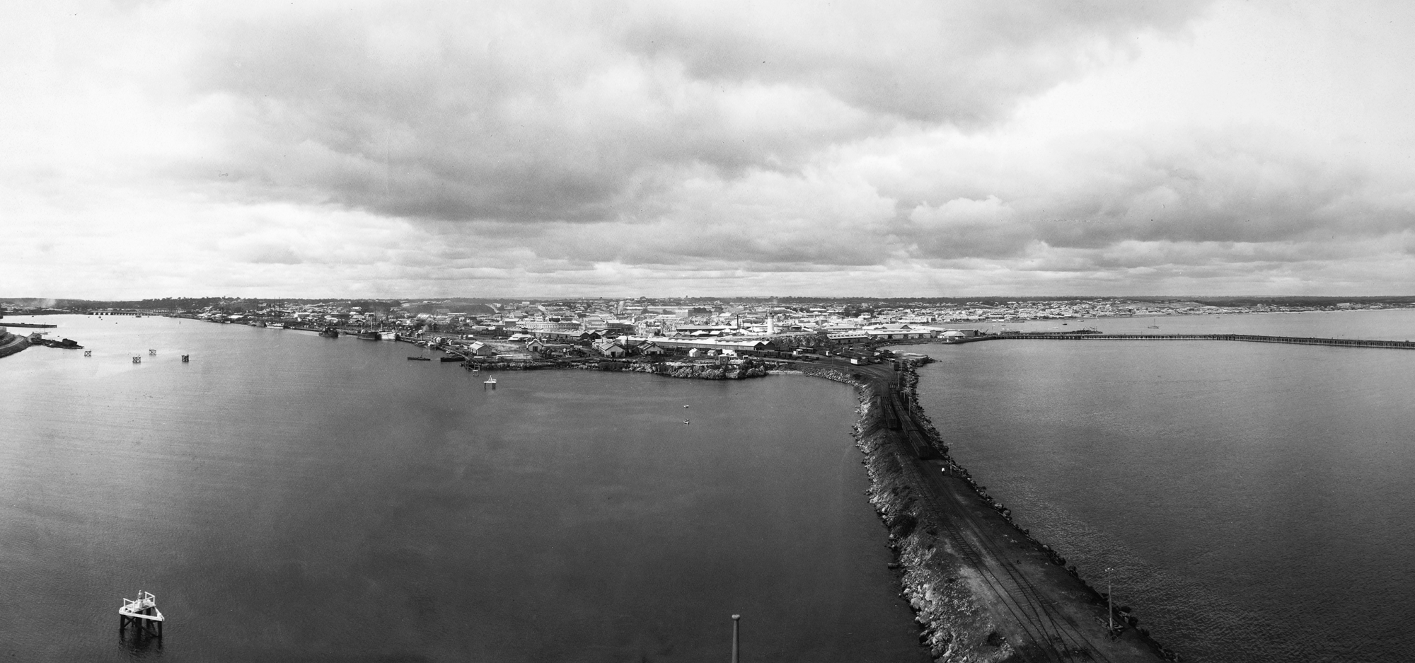 A black and white photograph of Fremantle's South Mole