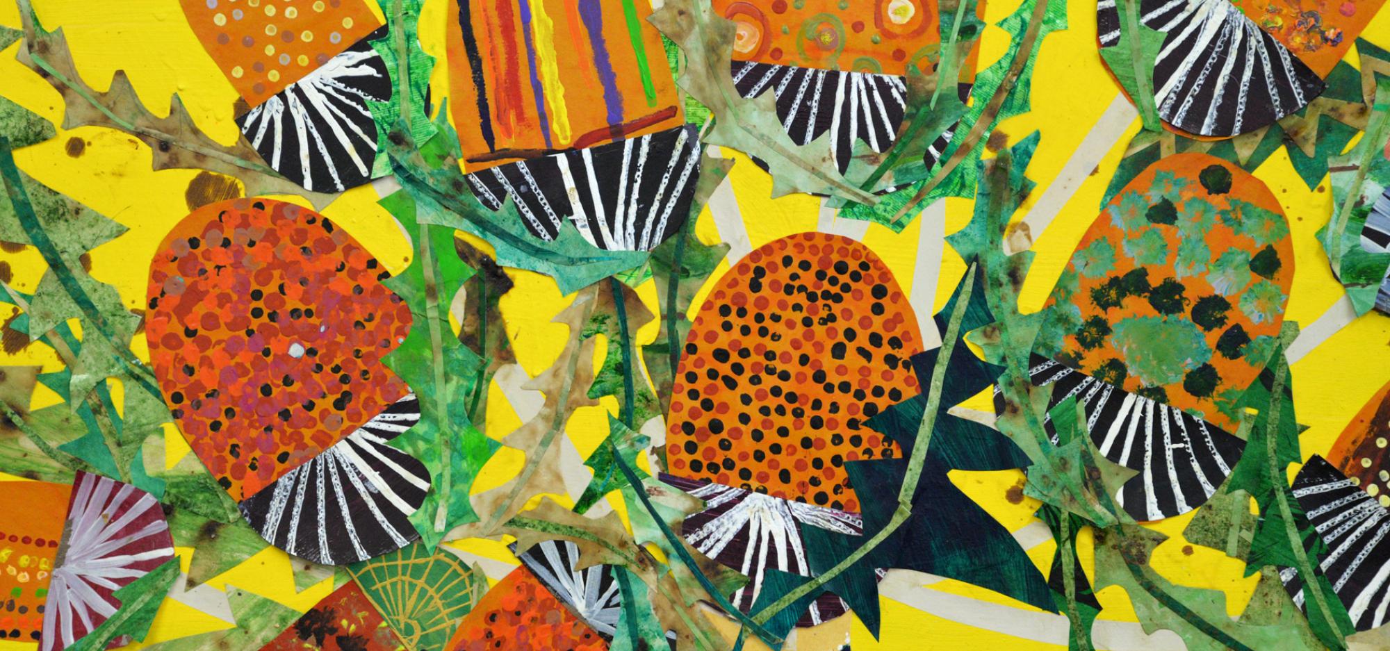 a brightly coloured artwork yellows oranges and green depict native wattle arrangement