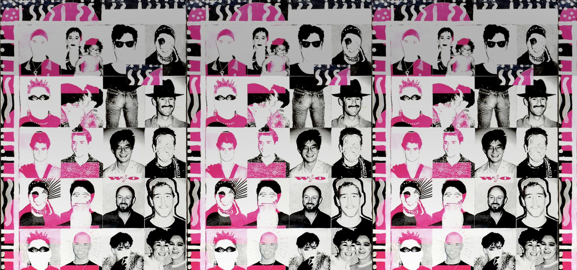 A pride march poster from 1991 featuring a collection of headshots of people, arranged in a grid formation, showing people smiling and posing decorated with a 90s style graphic  overlay in bright pink and black