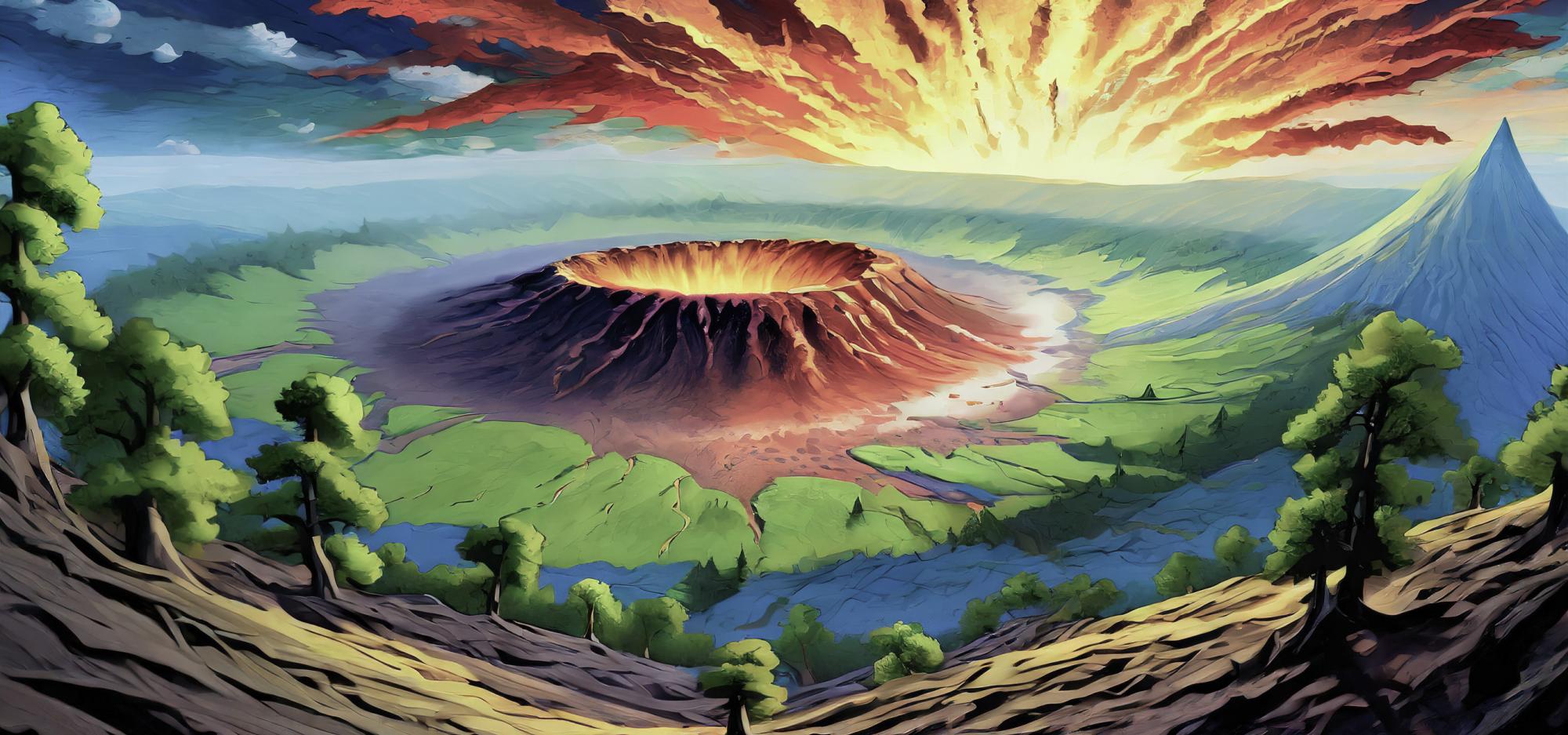 An artistic rendering of a large green valley with a massive glowing crater in the centre and a fire-like sky in the background simulating a large asteroid encounter with the earth