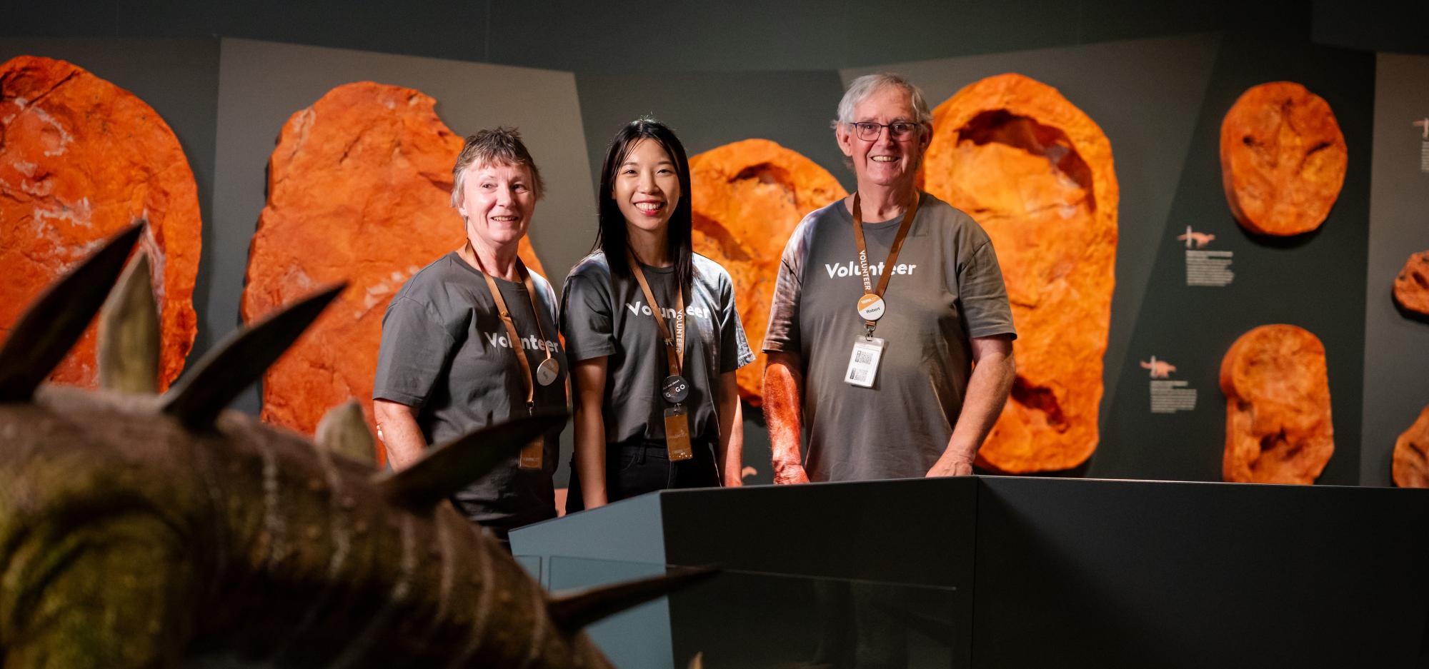 Three adults in matching grey shirts with the word volunteer across the chest. They stand in a darkened gallery area of the WA Museum, with a dinosaur in the foreground and large orange casts in the background