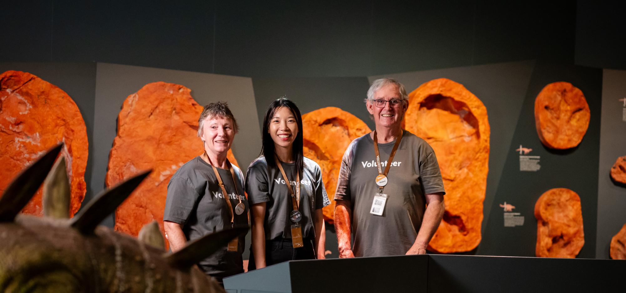 Three adults in matching grey shirts with the word volunteer across the chest. They stand in a darkened gallery area of the WA Museum, with a dinosaur in the foreground and large orange casts in the background