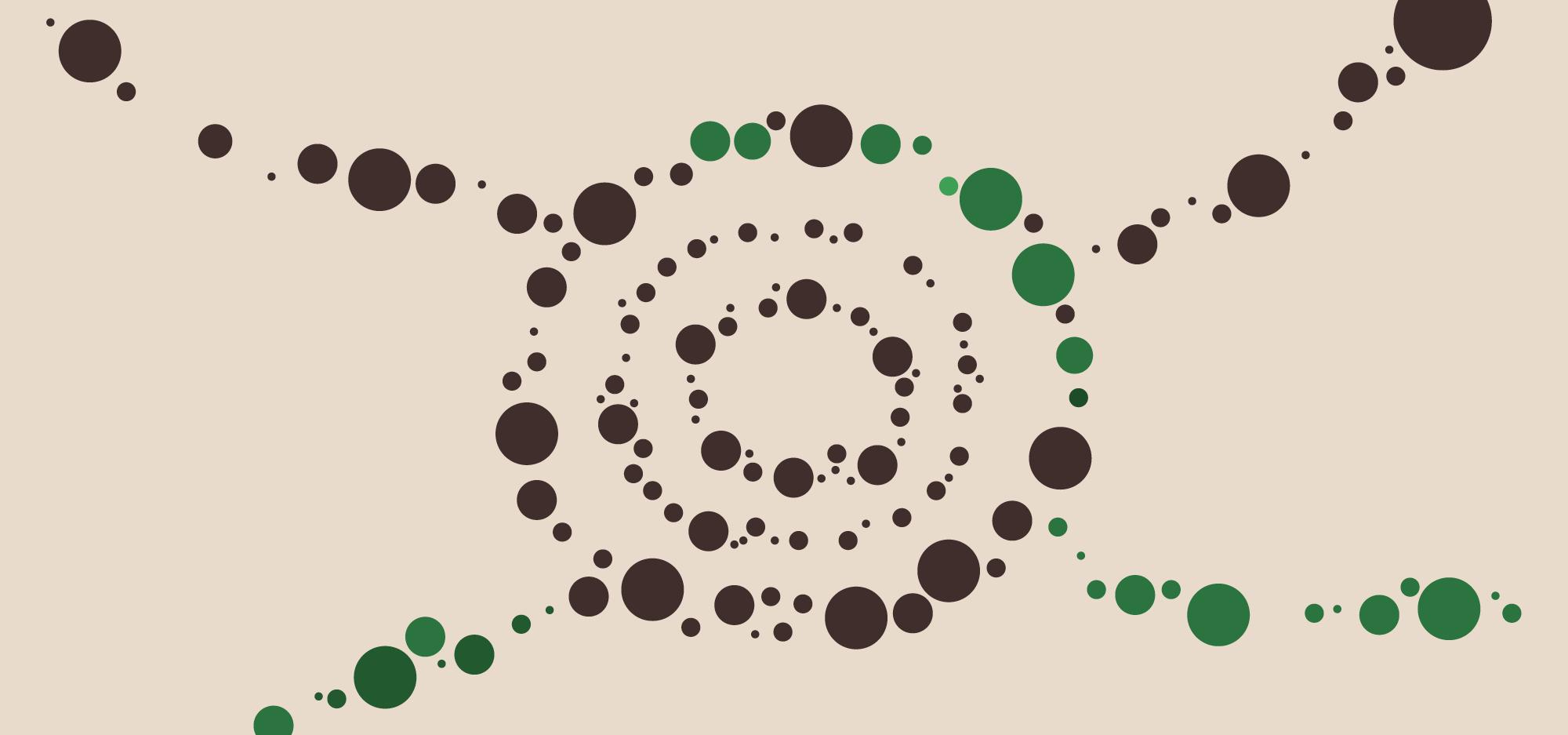 A series of brown and green dots that coalesce in the centre of a beige coloured canvas to form a series of concentric circles
