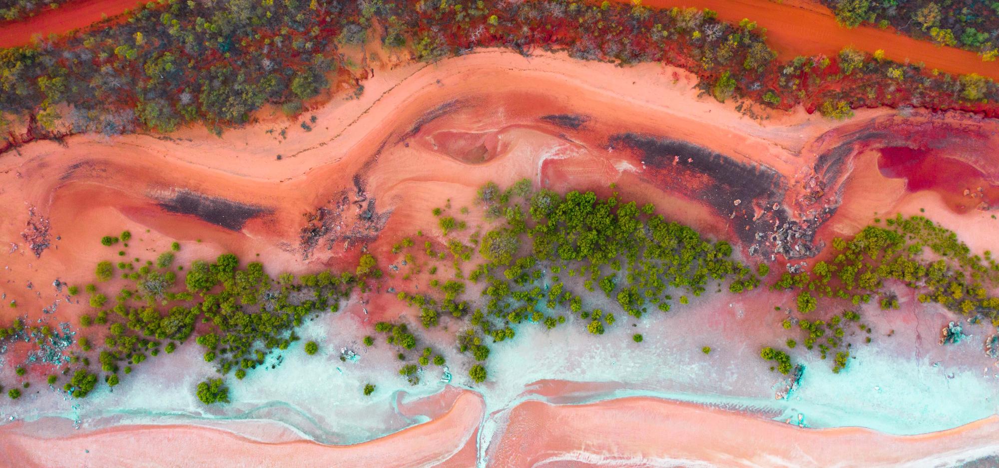 A vividly colourful drone shot of an ocean shore with bright peachy pink and burned orange sand and dirt speckled with green trees. Baby blue waters flow against the shore over pink sand banks