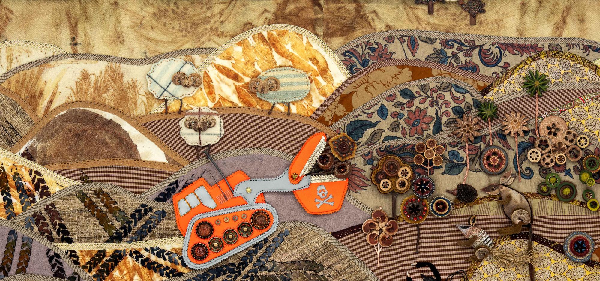 a collage of different material and mediums of a rural country scene with an excavator and sheep in the background